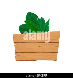Bannerbrett mit tropischen Blättern. Hölzerne Plakatschablone auf weißem Hintergrund. Vektorillustration Stock Vektor