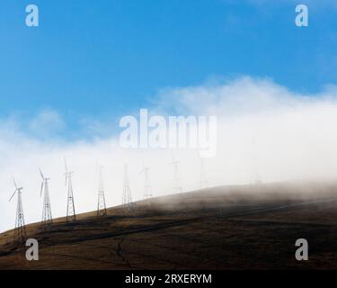 Windturbinen auf einem Hügel, in dem der Nebel einzieht. Stockfoto