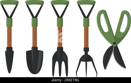 Set mit kleinen Gartenwerkzeugen, vektorflach Stock Vektor