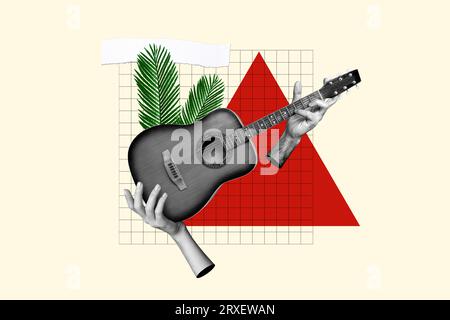 Collage Bild von schwarzen weißen hölzernen Vintage Musik akustischen Retro professionelle Gitarre meloman Streicher straff isoliert auf kariertem Hintergrund Stockfoto