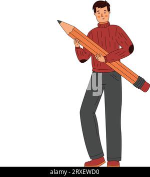 Studentenmann steht und hält einen großen Bleistift Flat Art Stock Vektor
