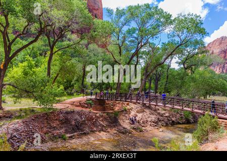 Wanderer, die die Brücke über den Virgin River, Zion National Park, Utah, USA, überqueren Stockfoto