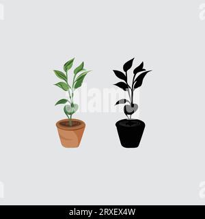 Pflanzen in Töpfen unterbringen, Symbolsatz von Baum, Gartenpflanzenvektor Stock Vektor