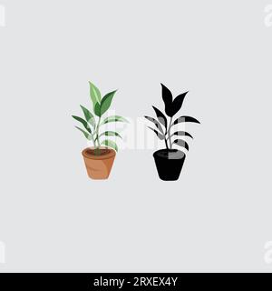 Pflanzen in Töpfen unterbringen, Symbolsatz von Baum, Gartenpflanzenvektor Stock Vektor