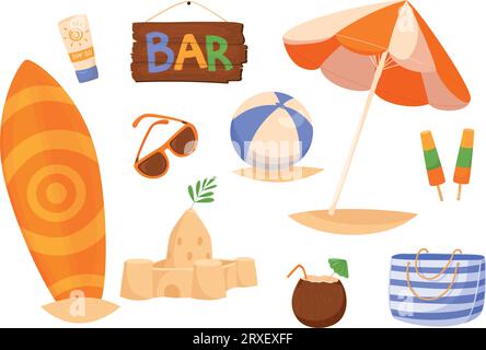 Set aus Sommerelementen, Strandaccessoires für den Urlaub am Meer Stock Vektor