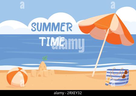 Sommerzeit, Meer mit Strand, Sonnenschirm, Schloss und Ball Stock Vektor