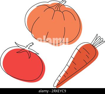 Farm frisches orange-rotes Gemüse Doodle Line Set Stock Vektor
