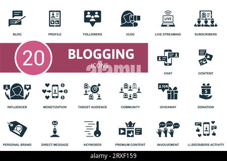 Blogging-Set. Kreative Symbole: Blog, Profil, Follower, vlog, Live-Streaming, Abonnenten, Chat, Inhalt, Influencer, Monetarisierung, Zielgruppe Stock Vektor