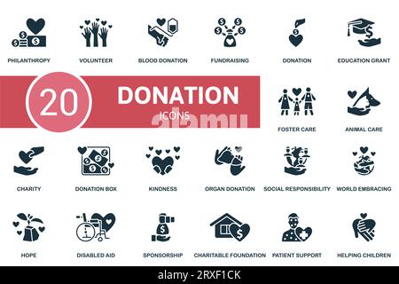 Spendensatz. Kreative Ikonen: Philanthropie, Freiwillige, Blutspende, Fundraising, Bildungsstipendium, Pflege, Tierpflege, Wohltätigkeit, Box, Freundlichkeit Stock Vektor