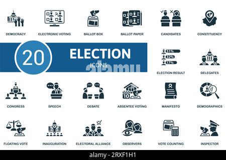 Auswahl festgelegt. Kreative Symbole: Demokratie, elektronische Abstimmung, Stimmzettel, Wahlzettel, Kandidaten, Wahlkreis, Wahlergebnis, Delegierte, Kongress Stock Vektor