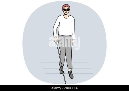 Blinder Mann mit Stock, der auf dem Fußgängerüberweg läuft. Behinderter Mann mit dunkler Sonnenbrille, der Straße überquert. Behinderung und Gesundheitswesen. Vektorgrafik. Stock Vektor