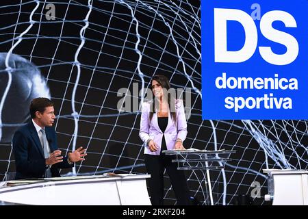 Mailand, Fernsehsendung "La Domenica Sport" - Simona Rolandi, Alberto Rimedio Stockfoto