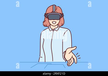 Geschäftsfrau verwendet VR-Headset für Online-Meetings mit Partnern oder Mitarbeitern. Geschäftsfrau gibt virtuellen Gesprächspartnern die Hand und kommuniziert dank VR-Technologie aus der Ferne mit Kollegen Stock Vektor