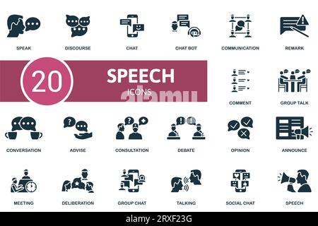 Spracheinstellung. Kreative Symbole: Sprechen, Diskurs, Chat, Chat-bot, Kommunikation, Bemerkung, Kommentar, Gruppengespräch, Gespräch, Beratung, Konsultation, Aussprache Stock Vektor