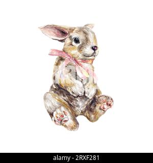 Beigefarbenes Kaninchen mit pinkfarbener Schleife. Aquarellillustration isoliert auf weißem Hintergrund. Grußkarten, Einladungen, Flyer, Cover. Stockfoto