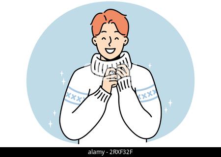 Porträt eines lächelnden jungen Mannes in Strickmode. Happy Millennial guy in modischem Strickpullover. Winterbekleidung und Mode. Vektorgrafik. Stock Vektor