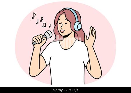 Glückliche Frau in Kopfhörern und Mikrofonen singen. Lächelndes Mädchen haben Spaß genießen Karaoke-Unterhaltung mit Mikrofon und Kopfhörer. Hobby und Musik. Vektorgrafik. Stock Vektor