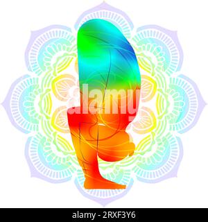 Farbenfrohe Silhouette-Yoga-Haltung. Ausbalancieren Stehen nach vorne Biegeposition. Uttanasana. Isolierte Vektordarstellung. Mandala Stock Vektor