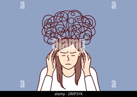 Nachdenkliche Frau mit Chaos im Sinn, massiert Tempel und versucht, psychische Probleme zu lösen, die durch übermäßigen Stress verursacht werden. Mädchen mit mentalen Schwierigkeiten schließt die Augen und macht Brainstorming für schwierige Entscheidungen. Stock Vektor