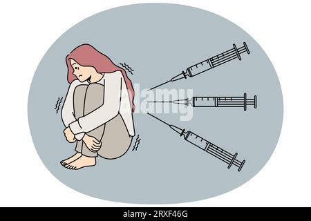 Unglücklich verängstigte Frau, die sich durch Injektionen erschrocken fühlt. Unwohl ängstliches Mädchen erschreckt mit Nadeln und Spritzen. Angst vor Impfungen. Vektorgrafik. Stock Vektor