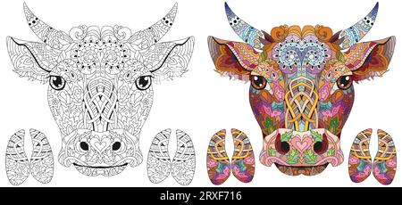 Bull-Textildruck mit Hufen. Verschachtelt, großartiges Design für jeden Zweck. Naturkraft. Tattoo-Design. Schwarzweiß- und Farbbild Stock Vektor