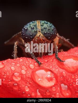 Fliegen Sie auf der roten Blume mit Tropfen Stockfoto