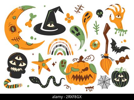 Set aus Halloween-Zitaten mit Kürbissen, Hexenhut, Spinnennetz und Fledermäusen. Vektorillustration Stock Vektor