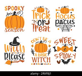 Set aus Halloween-Zitaten mit Kürbissen, Hexenhut, Spinnennetz und Fledermäusen. Vektorillustration Stock Vektor