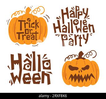 Set aus Halloween-Zitaten mit Kürbissen, Hexenhut, Spinnennetz und Fledermäusen. Vektorillustration Stock Vektor