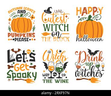 Halloween Typografie T-Shirt Design Set und Spooky Elements Stock Vektor