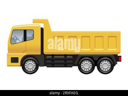 Vector Yellow Dump Truck Side View Illustration isoliert auf weißem Hintergrund. Stock Vektor