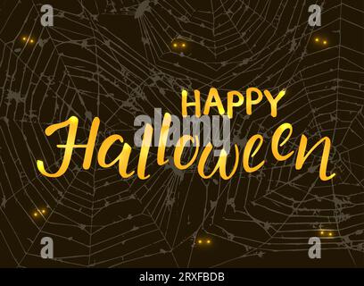 Happy Halloween handgeschriebener Schriftzug. Leuchtender goldener Vektor-Vintage-Kalligraphie-Text mit Flares auf schwarzem Hintergrund mit Spinnennetz Stock Vektor