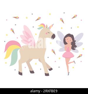 Die süße fliegende Fee und das Einhorn sind Märchenfiguren für Kinder. Flache Zeichentrickvektorillustration Stock Vektor