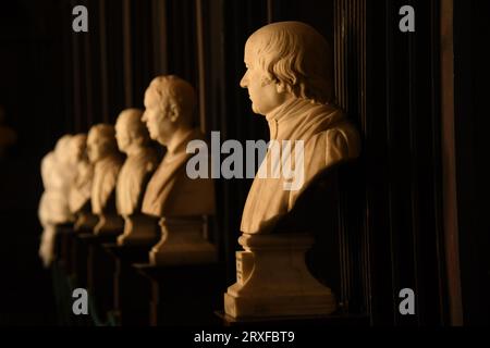 Statuen von Philosophen in der Alten Bibliothek im Trinity College, Dublin - Irland Stockfoto