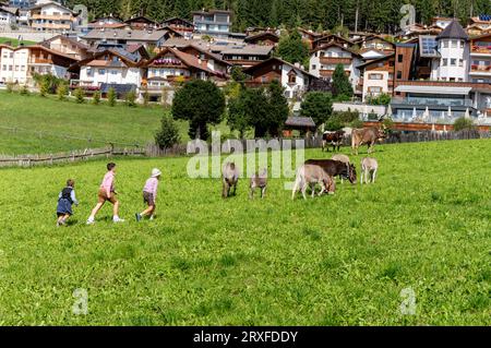 Kinder in Tiroler Kostümjäger Esel, Almabtrieb in Südtirol Stockfoto