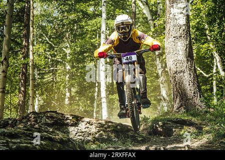 Athlet Rider Downhill Forest Trail, Racing DH Mountainbike, Extreme Sport Spiele Stockfoto
