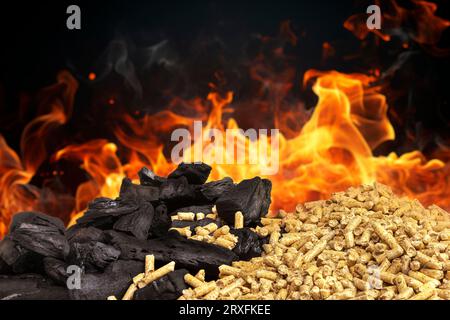 Holzpellets und Kohlestücke mit Flammen im Hintergrund Stockfoto