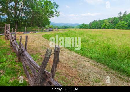 Fenceline und Field am John Oliver Place im Cades Cove Village im Great Smoky Mountain National Park in Tennessee. Stockfoto