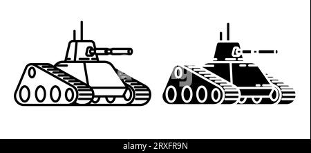 Lineares Symbol, Revolver-Armee-Schienentank mit langem Lauf zum Abfeuern von Geschossen auf den Feind. Schwere Artilleriegeräte. Einfache Schwarzweiß-Vektorisolierung Stock Vektor