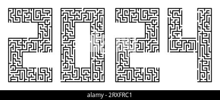 Neujahr 2024, Zahlen in Schriftart aus Labyrinth-Linien. Abstrakte Zahlen zum neuen Jahr. Labyrinth Design-Element. Einfache Schwarz-weiß-Vektor-iso Stock Vektor