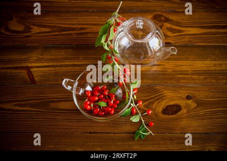 Zweig mit Reifen roten Goji-Beeren auf einem braunen Holztisch Stockfoto