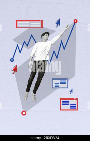Vertikale Collage Bild von schwarzen weißen Farben Guy heben Arm fliegen wachsende Statistiken Grafik nach oben Pfeil Cursor Webseite isoliert auf Papier Hintergrund Stockfoto