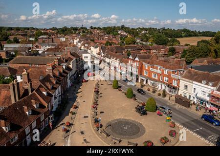 Battle, 15. September 2023: Blick auf Abbey Green und die High Street von den Tormauern der Abtei Stockfoto