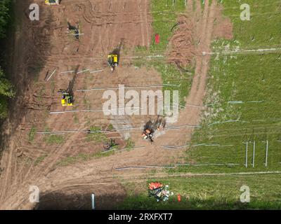 Luftaufnahme des im Bau befindlichen Solarparks in Dormington Herefordshire UK von Ethical Power für Conrad Energy im September 2023 Stockfoto