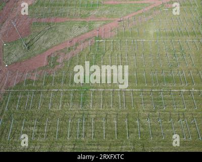 Luftaufnahme des im Bau befindlichen Solarparks in Dormington Herefordshire UK von Ethical Power für Conrad Energy im September 2023 Stockfoto