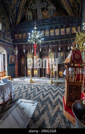 Innenraum, Altar, Ikonen, Kloster Tsambika, Rhodos, Dodekanesisch, Griechenland Stockfoto