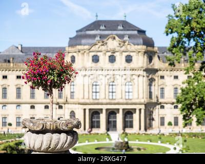 Blühende Fuchsien (Fuchsia), die Würzburger Residenz, UNESCO-Weltkulturerbe, Fassade, Detail, Würzburg, Unterfranken, Deutschland Stockfoto