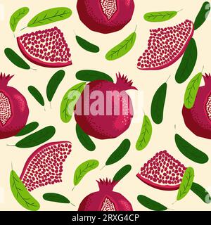Granatapfelfrucht mit nahtlosem Muster. Glänzende Blätter und Früchte, Samen und Lappen. Shana Tova Nahtloses Muster. Jüdisches Neujahr Frohe Rosh Hashanah, Yal Stock Vektor