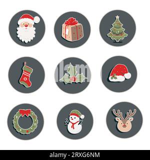 Weihnachtsaufkleber von Dekorationen, weihnachtsgeschenk, weihnachtsbaum, Geschenk, Schneemann, Weihnachtsmann, Hut und Socke. Bunte Vektorillustration in flachem Carto Stock Vektor