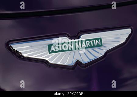 Abzeichen eines Aston Martin Sports Carat auf dem jährlichen Treffen für Klassiker, Sport und Supersportwagen im Stonor Park in Oxfordshire, Großbritannien Stockfoto